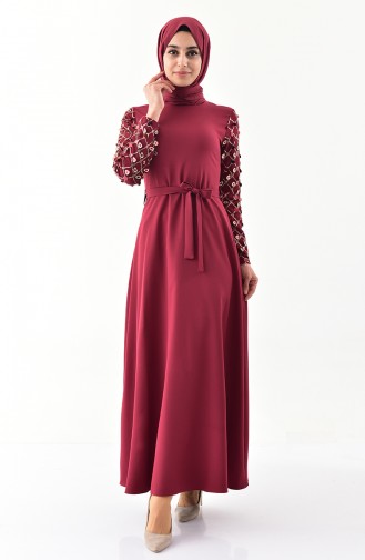 Kol Detaylı Kuşaklı Elbise 8818-03 Bordo