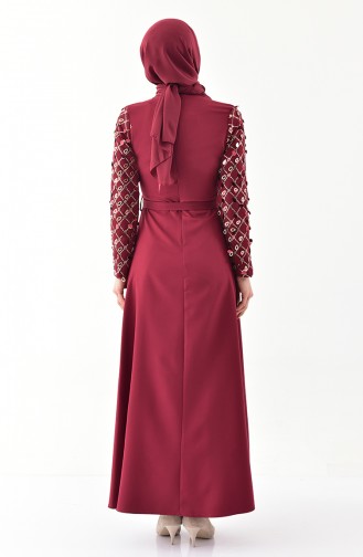 Kol Detaylı Kuşaklı Elbise 8818-03 Bordo
