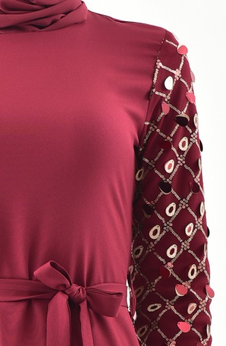 Kol Detaylı Kuşaklı Elbise 8818-03 Bordo