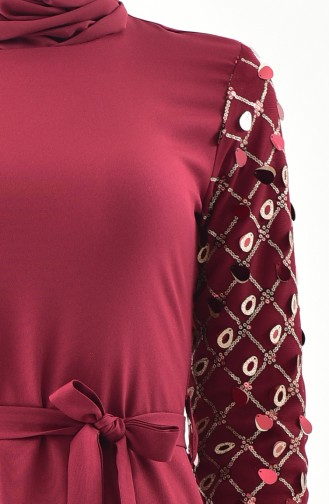 Ärmeldetail Kleid mit Gürtel 8818-03 Weinrot 8818-03