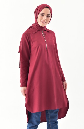 Fermuar Detaylı Asimetrik Tunik 1276-04 Bordo