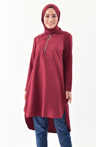 Fermuar Detaylı Asimetrik Tunik 1276-04 Bordo