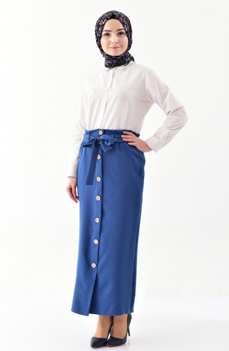 Button Detailed Belted Skirt 5572-04 İndigo 5572-04