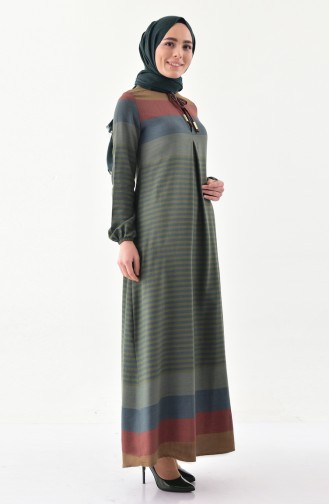 Patterned Linen Dress 2028-01 Khaki 2028-01