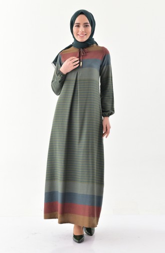 Patterned Linen Dress 2028-01 Khaki 2028-01