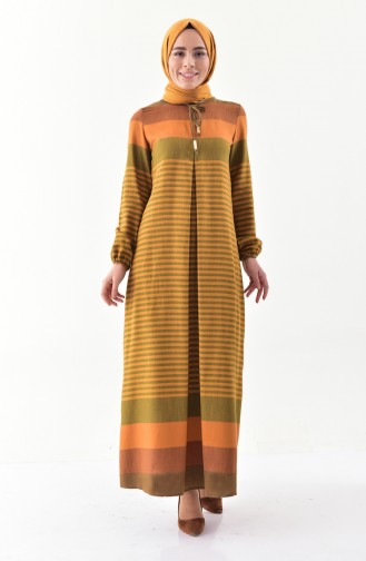 فستان كتان بتصميم مُطبع 2028-06 لون اصفر داكن 2028-06