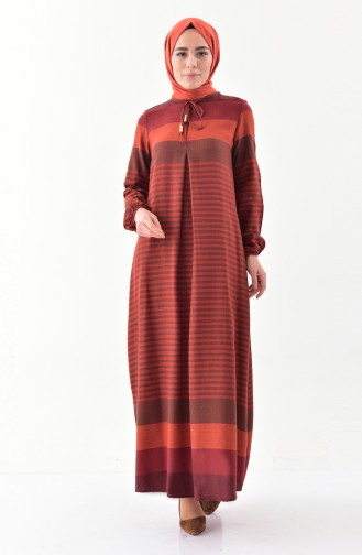فستان كتان بتصميم مُطبع 2028-04 لون قرميدي 2028-04