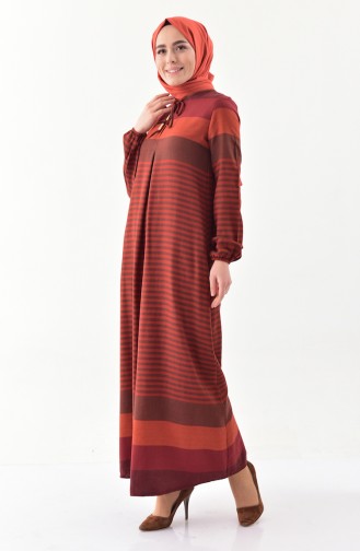 فستان كتان بتصميم مُطبع 2028-04 لون قرميدي 2028-04