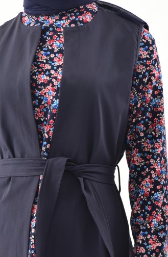 Floral Patterned Tunic Vest Binary Suit 4000-01 Navy Blue 4000-01