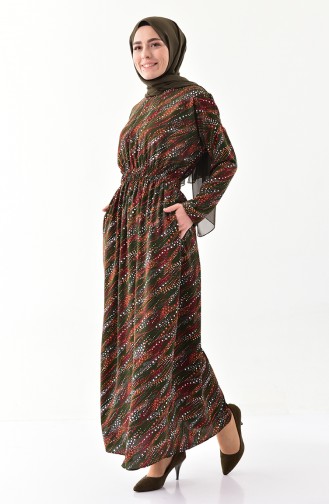 Belly Pleated Patterned Dress 2055-02 Khaki 2055-02