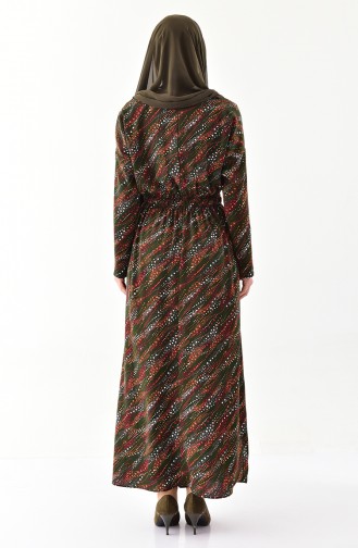 فستان كاجوال بتصميم مُطبع وطيات 2055-02 لون اخضر كاكي 2055-02