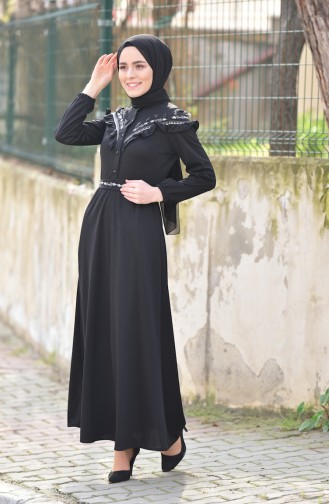 Embroidered Belted Dress 5460-05 Black 5460-05