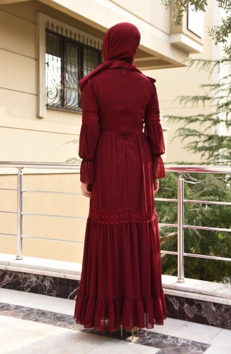 Dantel Detaylı Şifon Elbise 5472-07 Bordo