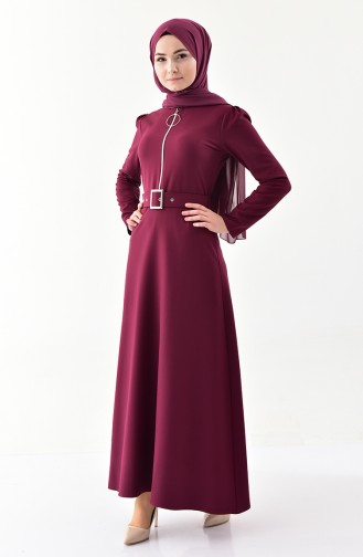 Zipper Detailed Belt Dress Burgundy color 4507-01