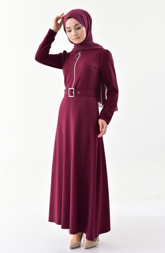 Zipper Detailed Belted Dress 4507-01 Plum 4507-01