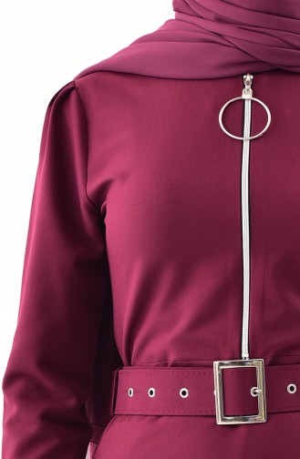 Zipper Detailed Belt Dress Burgundy color 4507-01