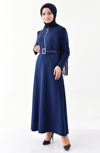Zipper Detailed Belt Dress Navy Blue 4507-02