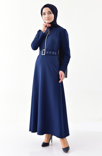 Fermuar Detaylı Kemerli Elbise 4507-02 Lacivert