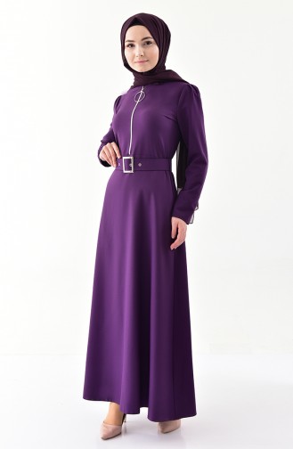 Zipper Detailed Belt Dress Purple 4507-03