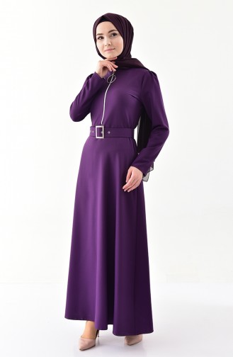 Zipper Detailed Belt Dress Purple 4507-03