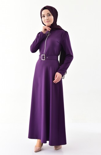 Zipper Detailed Belted Dress  4507-03 Purple 4507-03