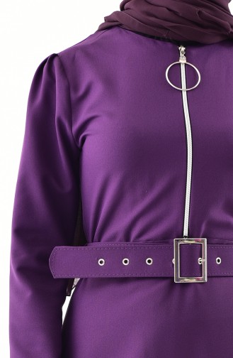 Zipper Detailed Belted Dress  4507-03 Purple 4507-03