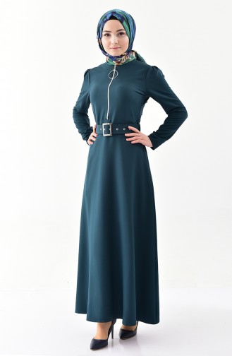 Zipper Detailed Belted Dress 4507-04 Emerald Green 4507-04