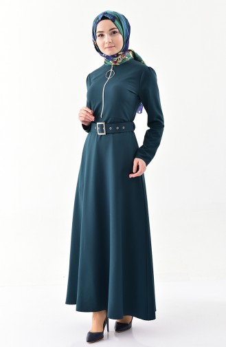 Zipper Detailed Belted Dress 4507-04 Emerald Green 4507-04