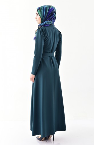 Fermuar Detaylı Kemerli Elbise 4507-04 Zümrüt Yeşili
