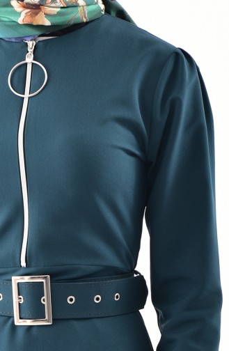 Zipper Detailed Belted Dress 4507-04 Emerald Green 4507-04