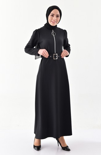 Fermuar Detaylı Kemerli Elbise 4507-06 Siyah