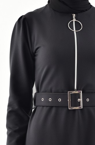 Zipper Detailed Belt Dress Black 4507-06