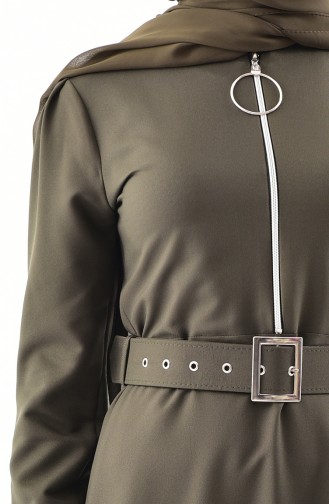 Zipper Detailed Belt Dress Khaki 4507-07