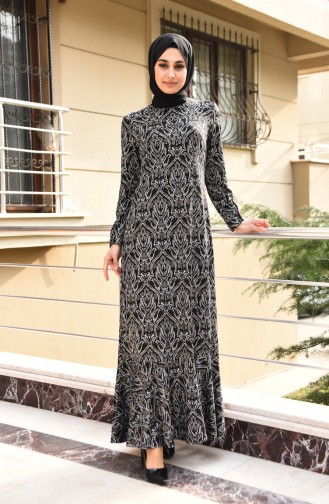 Desenli Jakarlı Elbise 1003-03 Siyah