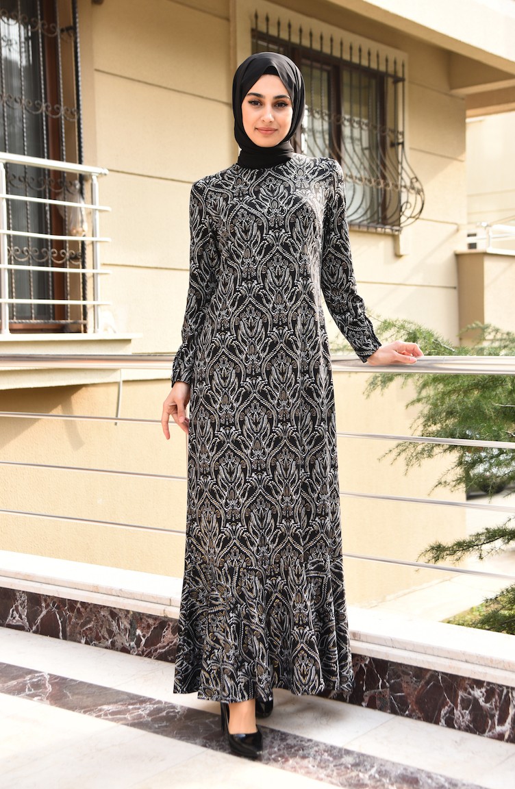 Desenli Jakarlı Elbise 1003-03 Siyah