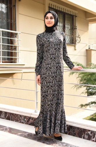Desenli Jakarlı Elbise 1003-03 Siyah