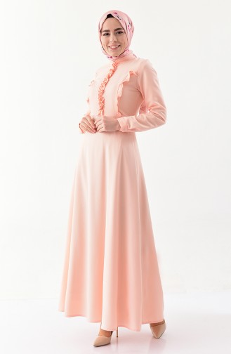 فستان مزين بقلادة بتفاصيل من الكشكش 4044-06 لون مشمشي 4044-06