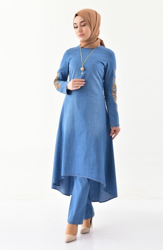 Nakışlı Kot Tunik Pantolon İkili Takım 8272-01 Kot Mavi 8272-01