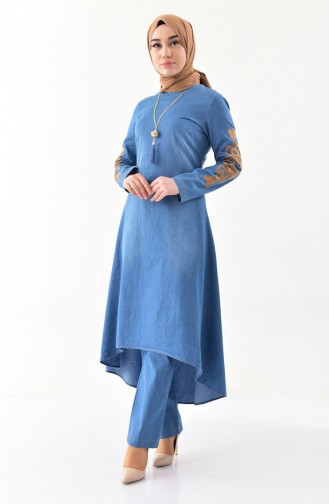 Nakışlı Kot Tunik Pantolon İkili Takım 8272-01 Kot Mavi 8272-01
