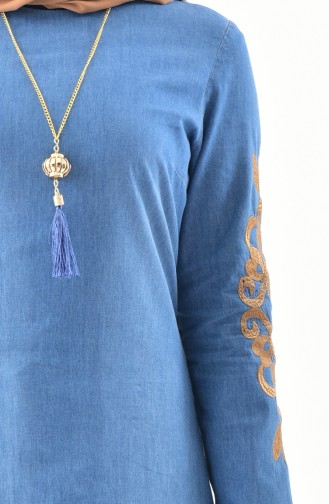 Nakışlı Kot Tunik Pantolon İkili Takım 8272-01 Kot Mavi 8272-01