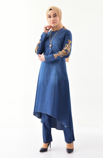 Nakışlı Kot Tunik Pantolon İkili Takım 8272-02 Lacivert 8272-02