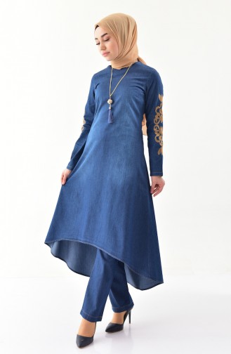 Nakışlı Kot Tunik Pantolon İkili Takım 8272-02 Lacivert 8272-02