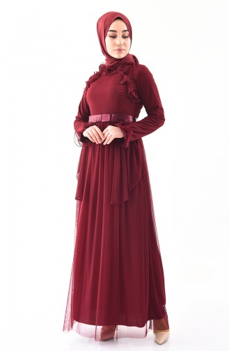 Claret Red Hijab Evening Dress 81675-03