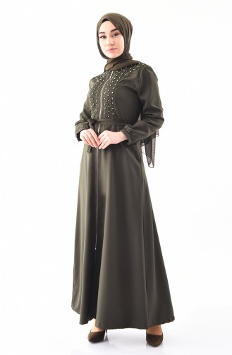 MISS VALLE Belted Pearls Abaya 8920-05 Khaki 8920-05