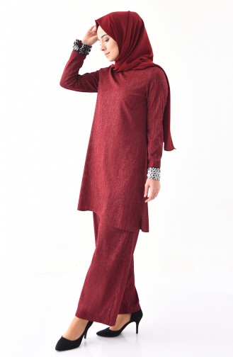 Bislife Sleeve Detailed Tunic Pants Double Suit 5442-01 Claret Red 5442-01