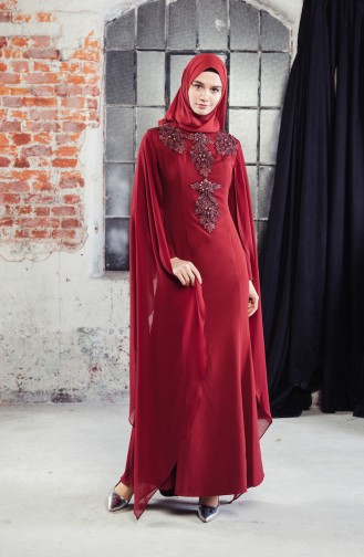 Guipure detailliertes Abendkleid 8487-07 Weinrot 8487-07