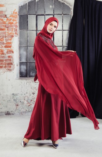 Guipure detailliertes Abendkleid 8487-07 Weinrot 8487-07