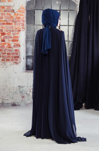 Ruched Cape Evening Dress 8240-01 Navy Blue 8240-01