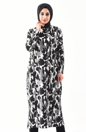 Camouflage Patterned Long Tunic 7789-01 Black 7789-01