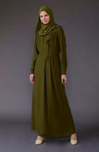 فستان بتفاصيل من الكشكش 1005-06 لون اخضر كاكي 1005-06